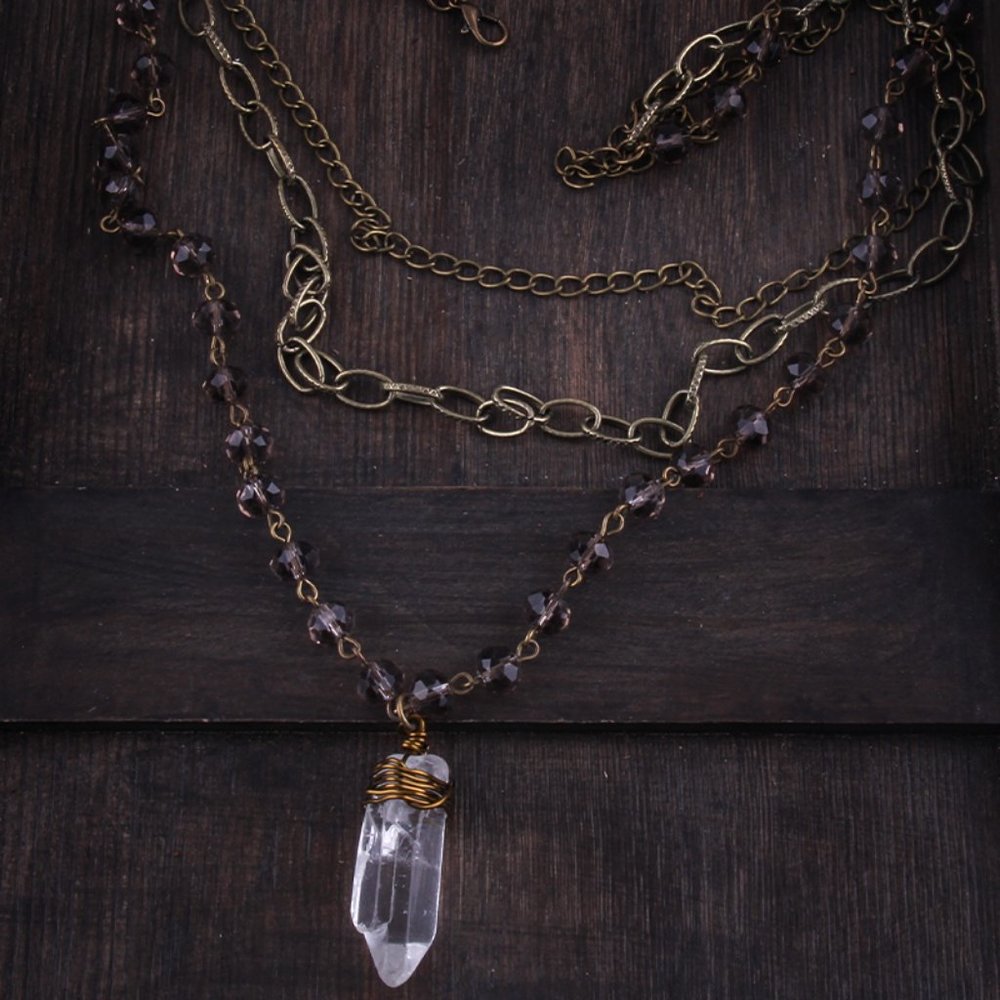 Triple Layer Clear Quartz Wire Wrap Pendant Necklace - Picture 3 of 3